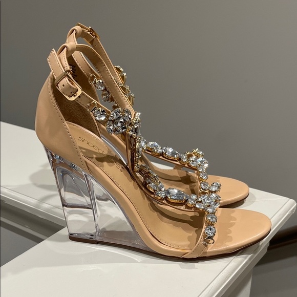 Shoe Dazzle Tan Crystal Embellished Wedges - Picture 4 of 6